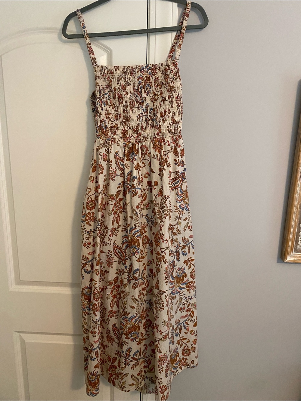 Old Navy Cream Midi Dress with Rust and Blue Floral Print